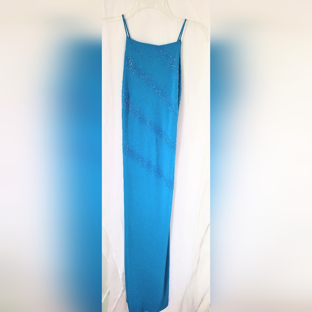 Embroidered High-Neck Women's Formal Beaded Blue Gown Size 10
